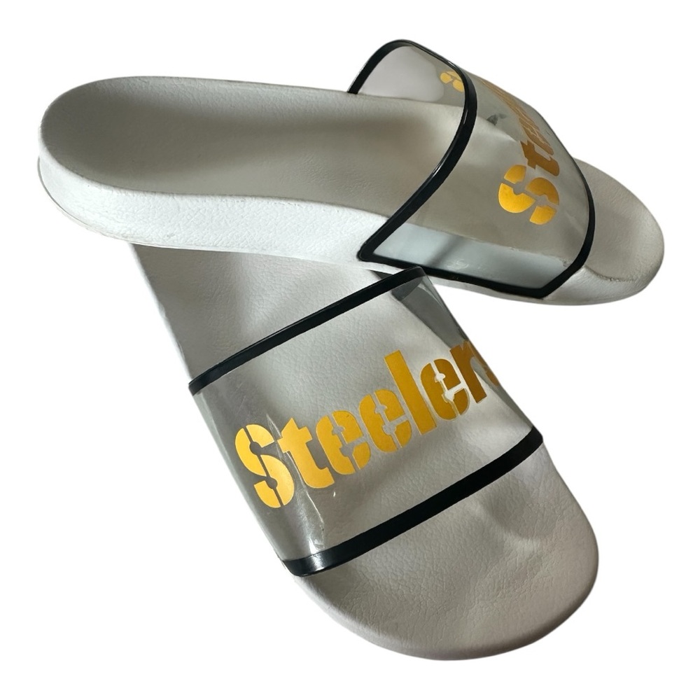 Pittsburgh Steelers NFL Womens Clear Wordmark Slide Sandals (7-8)